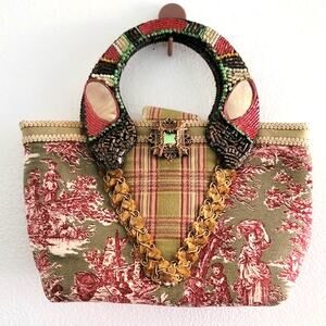 Mary Frances Vintage Oriental Print Beaded Gem Handle Bag VTG